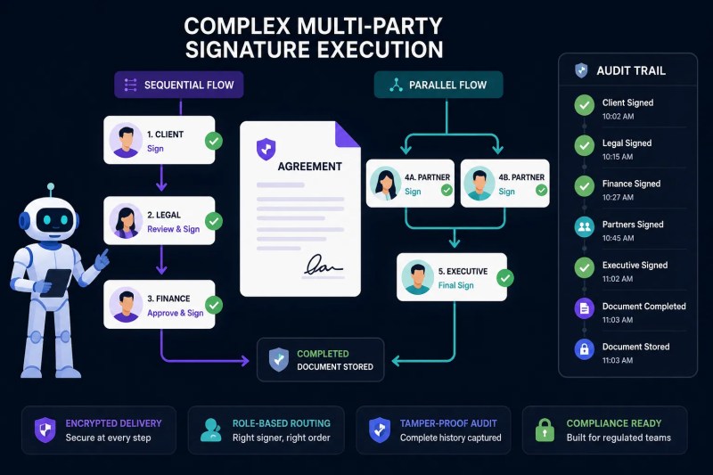 Complex multi-party eSignature workflow showing sequential signing, parallel routing, and audit trail checkpoints