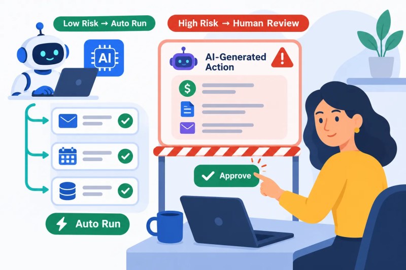 High-risk and low-risk AI actions split at a decision gate, with only high-risk actions routed to a human checkpoint