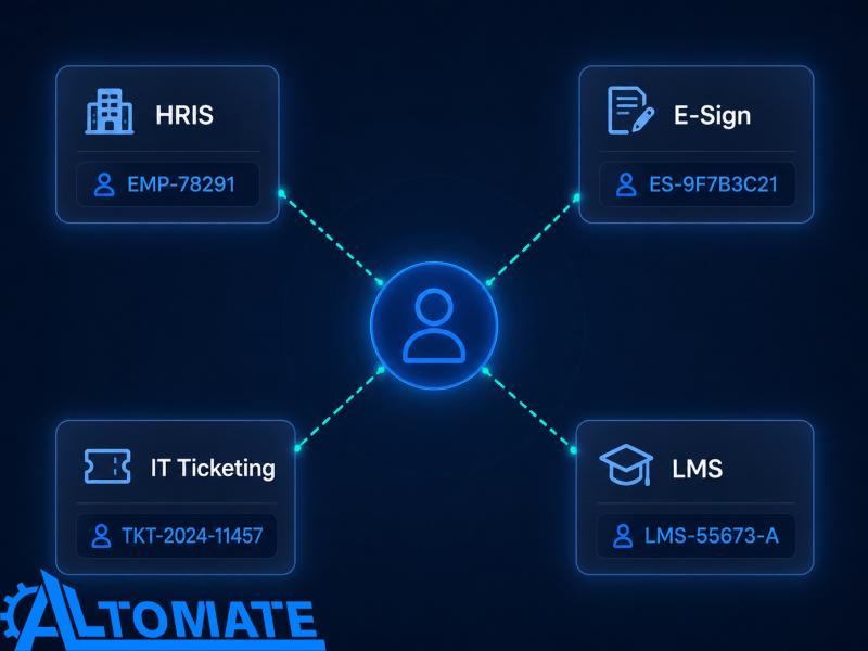 Four separate systems — HRIS, e-signature platform, IT ticketing, and LMS — each holding a different ID that maps back to one employee