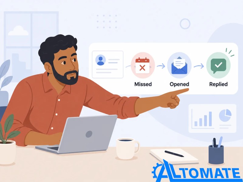 A CRM record moving from missed meeting to opened follow-up and replied status during a lead reactivation workflow