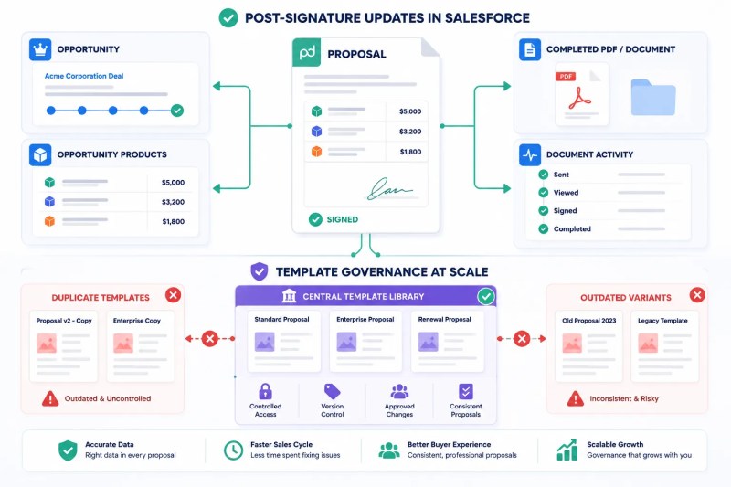 PandaDoc post-signature updates and Salesforce template governance workflow