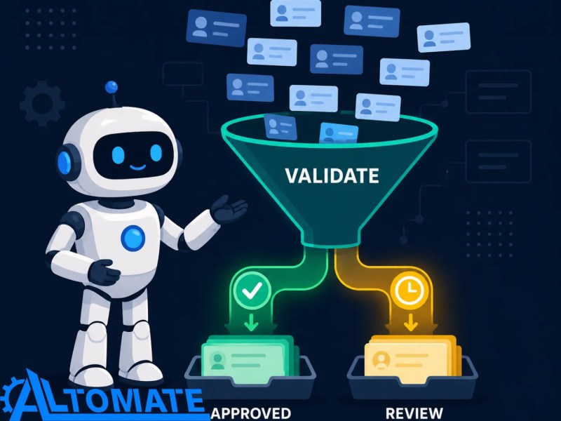 Robot figure sorting incoming LinkedIn profile records through a validation gate into approved and review lanes