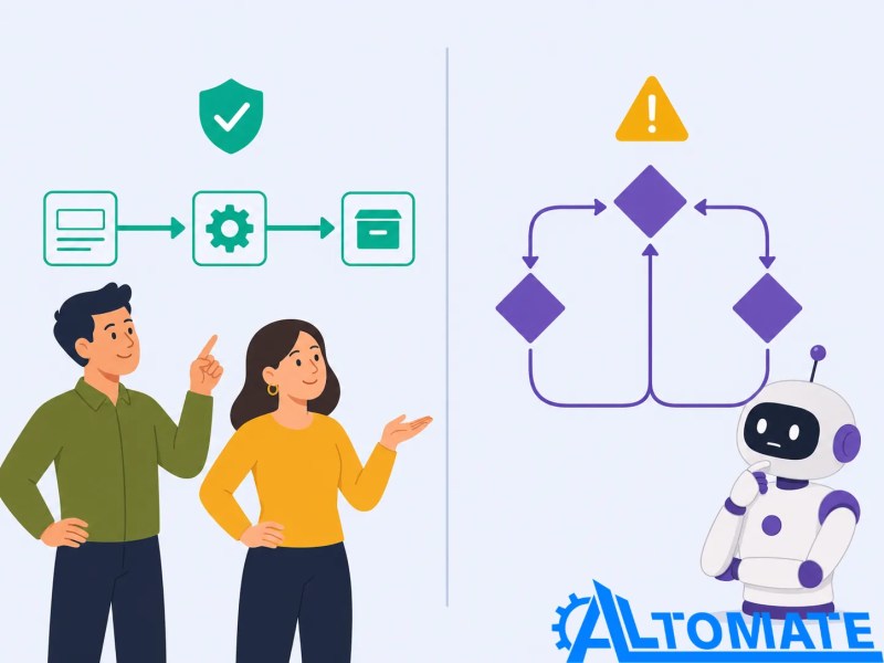 Comparison between deterministic automation with a fixed workflow and an AI agent using Apify Agent Skills for variable decisions