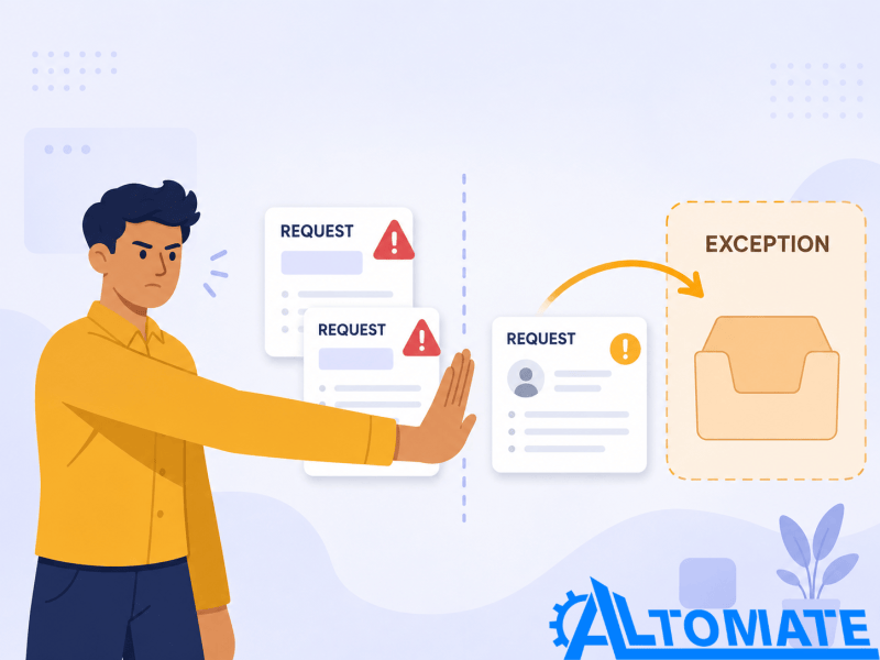 Illustration of an operations professional blocking duplicate HR requests and redirecting one flagged for an inactive manager