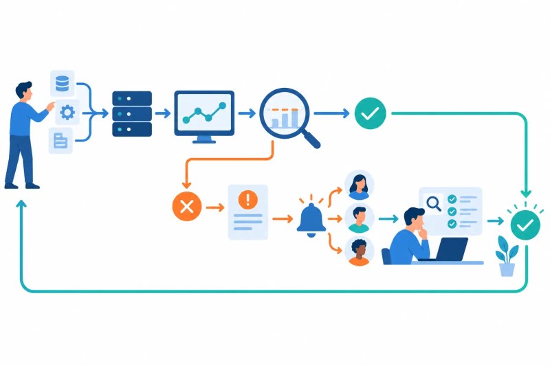 Monitoring workflow capturing events, checking process state, evaluating thresholds, creating incidents, routing alerts, and verifying recovery