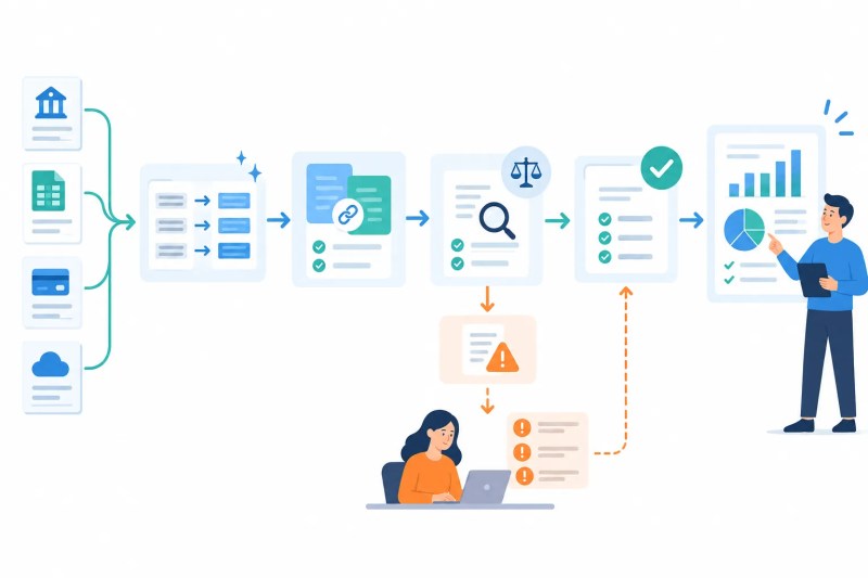 Automated reconciliation workflow collecting, normalizing, matching, reviewing exceptions, and reporting completed records