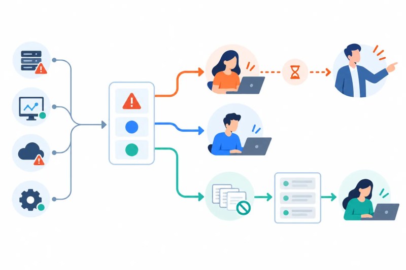 Process monitoring alerts classified by severity and routed to operators, team leads, or a suppressed notification digest