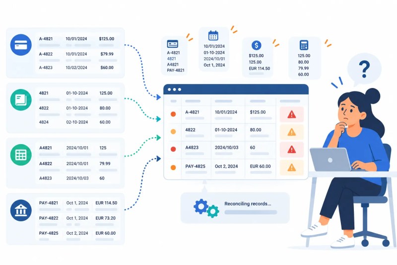 Analyst reviewing inconsistent transaction identifiers, dates, currencies, and amounts collected from multiple business systems