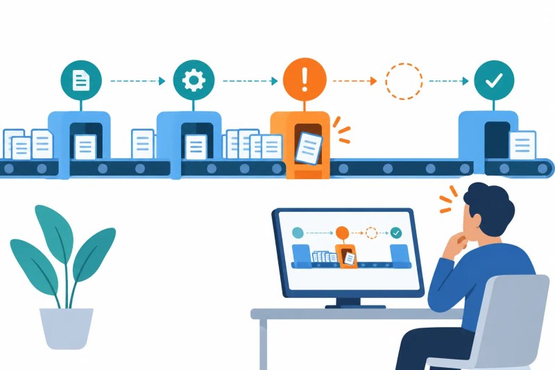 Automated workflow with a stuck record, growing queue, and missing event preventing the process from reaching completion