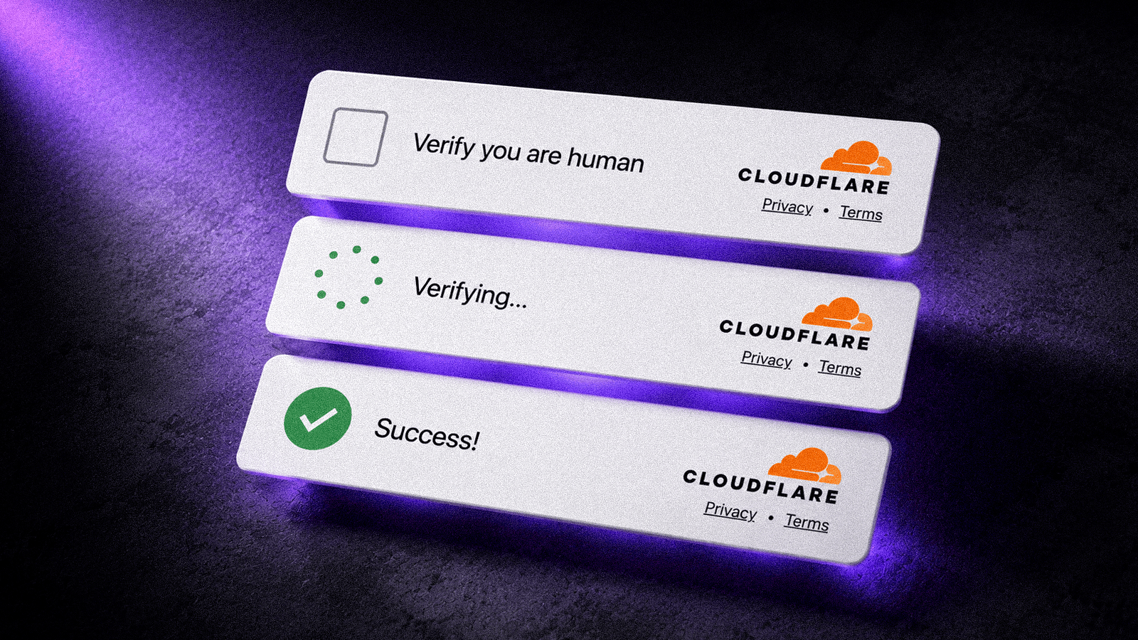 Illustration of a fake Cloudflare CAPTCHA showing “Verify you are human,” “Verifying,” and “Success” as part of a phishing attack that impersonates trusted security checks.