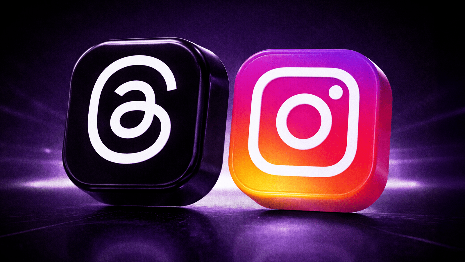 3D Instagram and Threads app icons on a purple background, representing visual impersonation and brand protection challenges across Meta platforms