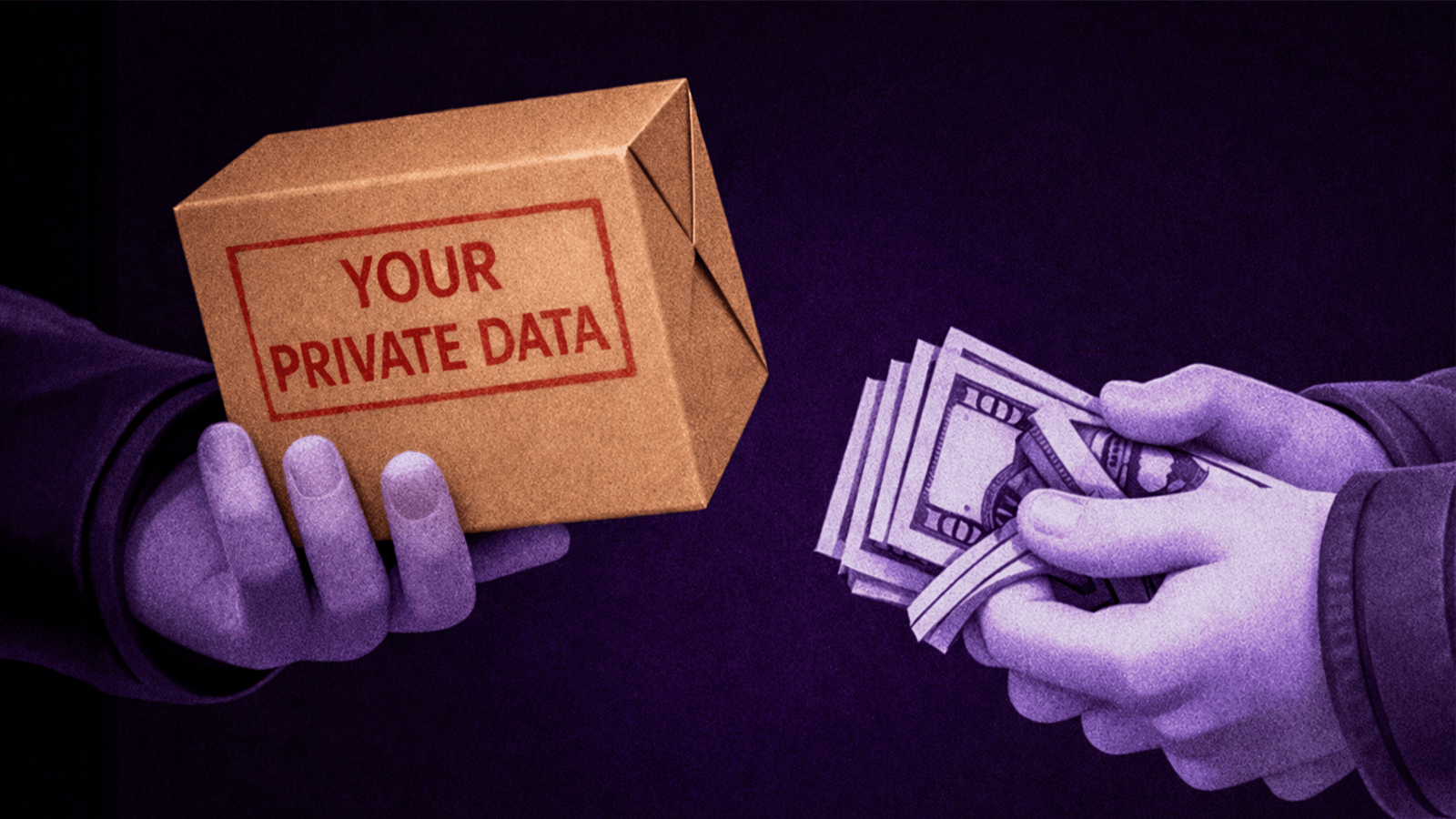 Underground marketplace illustration showing a cardboard box labeled “your private data” being exchanged for cash, representing the buying and selling of stolen credentials and personal information on the dark web.