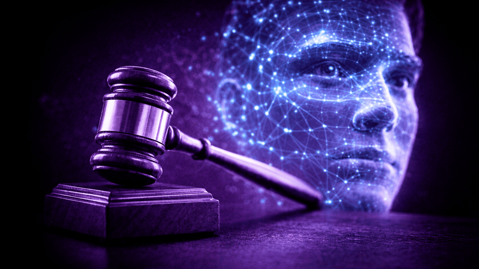 Judge’s gavel in front of a digitally generated face illustrating deepfake fraud and the legal response gap