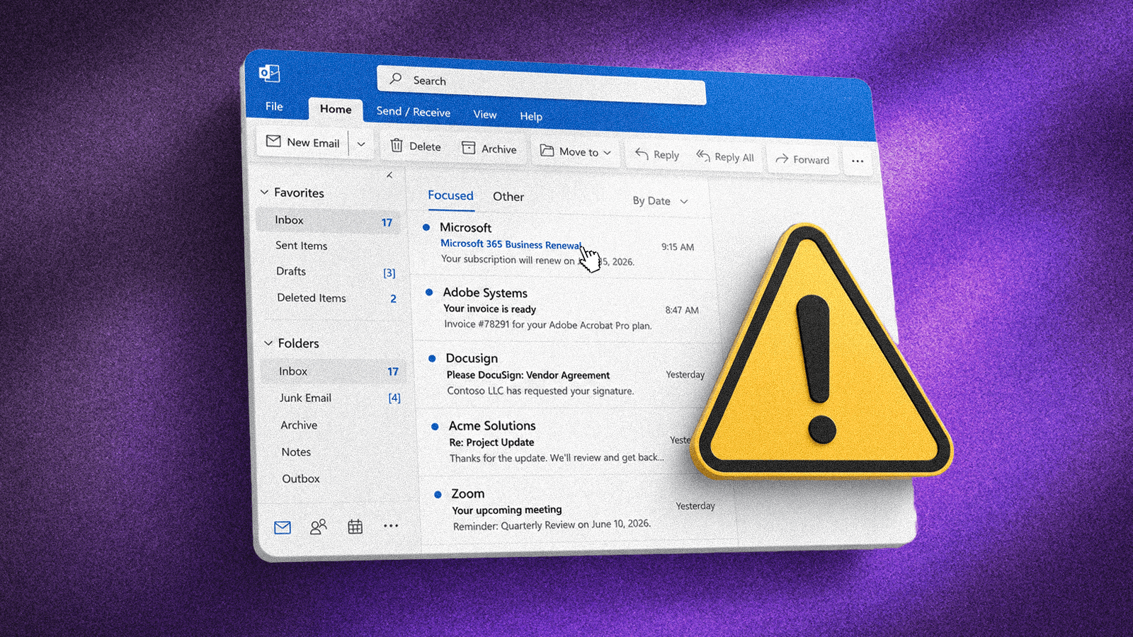 Illustration of a Microsoft Outlook business email inbox with a warning symbol representing Business Email Compromise (BEC), vendor impersonation, phishing, and email fraud.