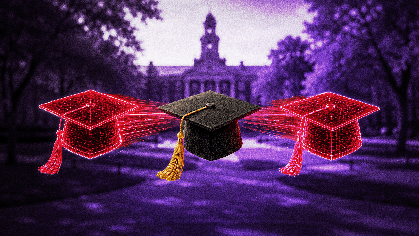Conceptual illustration of a graduation cap digitally cloned into two holographic copies against a university campus, representing higher education brand impersonation and phishing attacks.