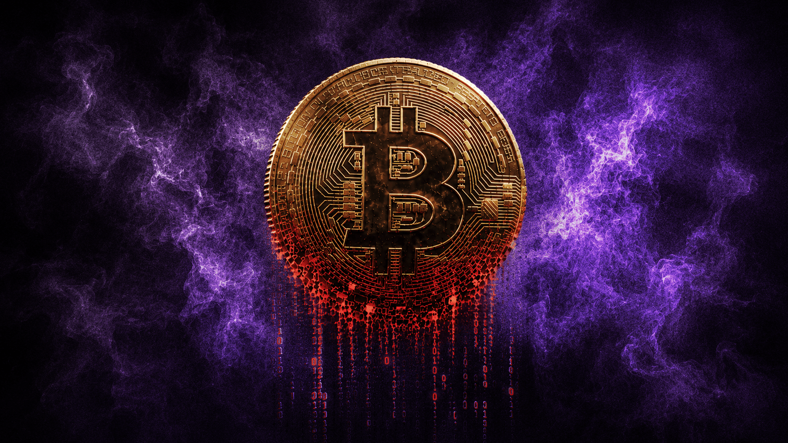 Illustration of a Bitcoin cryptocurrency coin digitally disintegrating into red data streams, representing the rise of crypto impersonation scams and the growing need for brand protection.