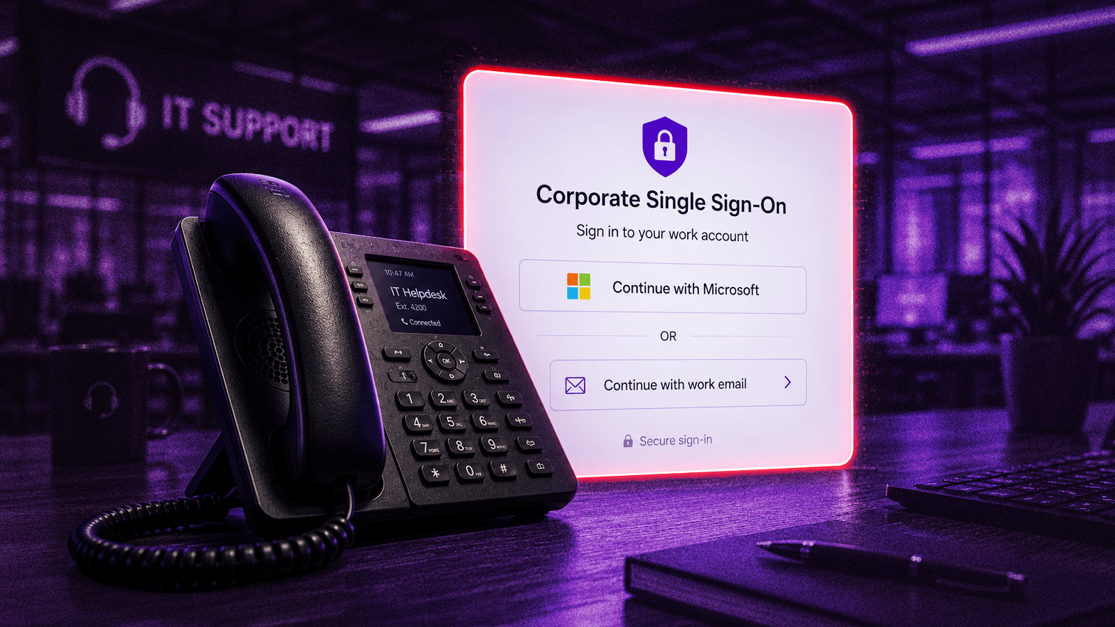 Illustration of a corporate helpdesk phone beside a corporate single sign-on (SSO) login portal, representing BlackFile's vishing attacks that impersonate IT support to steal employee credentials.