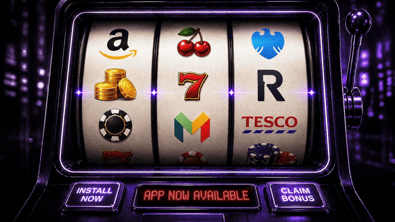 Slot machine displaying recognizable retail and banking brand logos to illustrate fake casino apps, brand impersonation, and fraudulent gambling promotions targeting consumers.