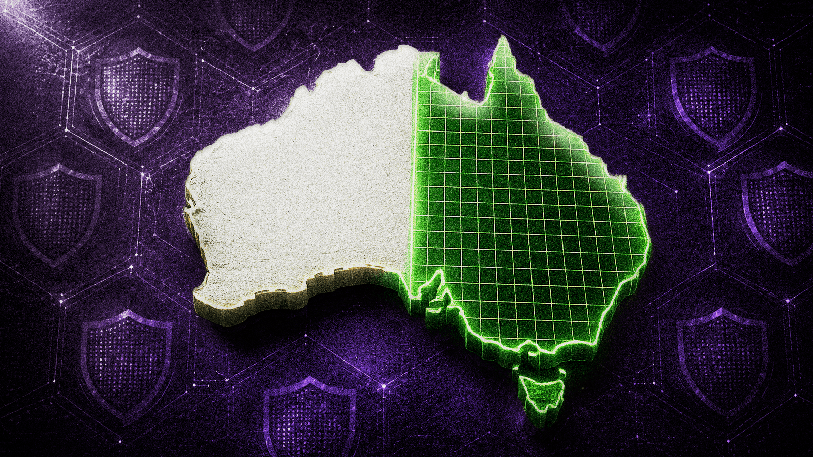 Illustration of Australia divided between physical and digital protection, representing Australia's Scams Prevention Framework requiring brand impersonation monitoring and takedowns.