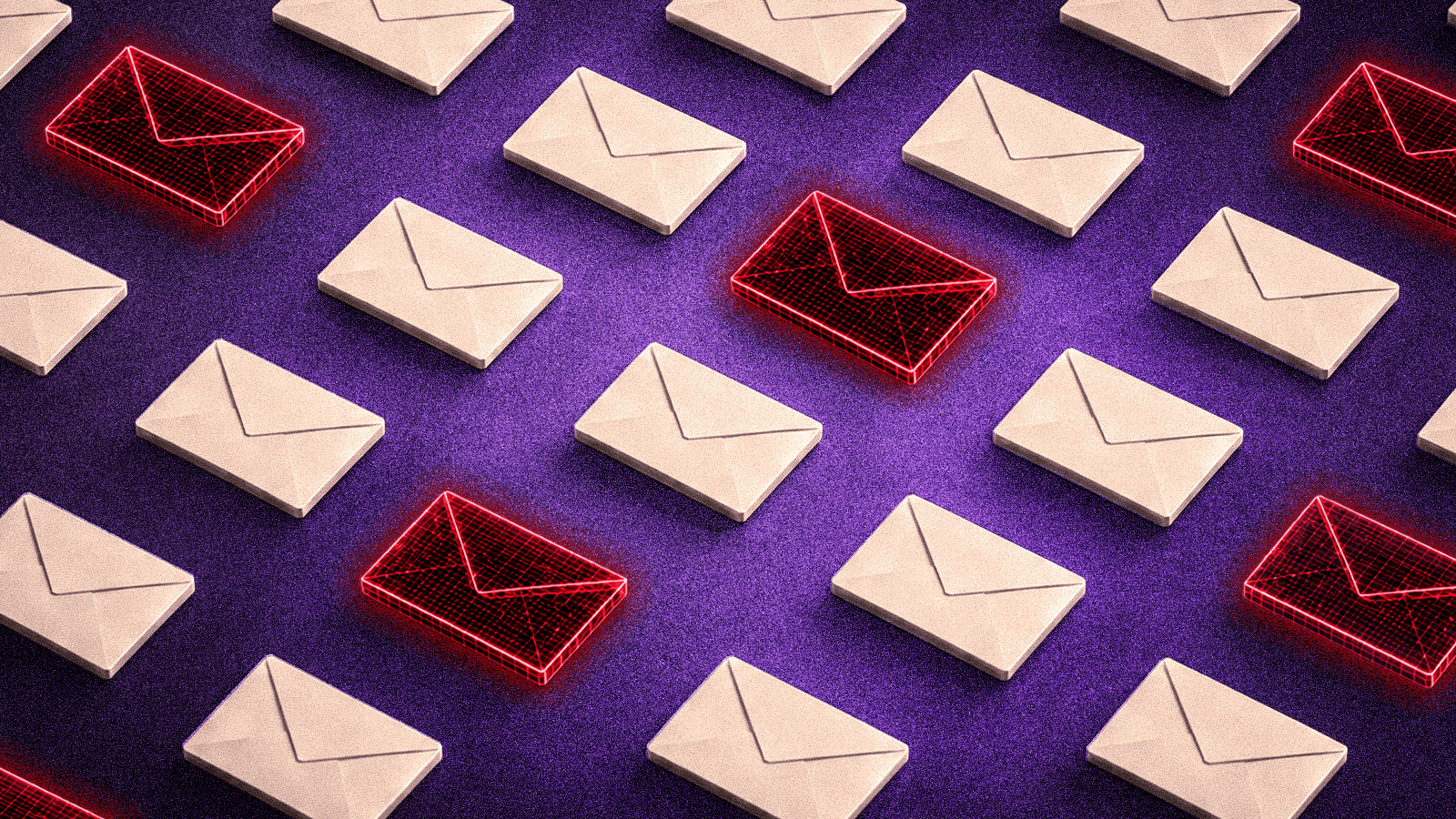 Email spoofing illustrated by malicious red wireframe emails hidden among legitimate messages