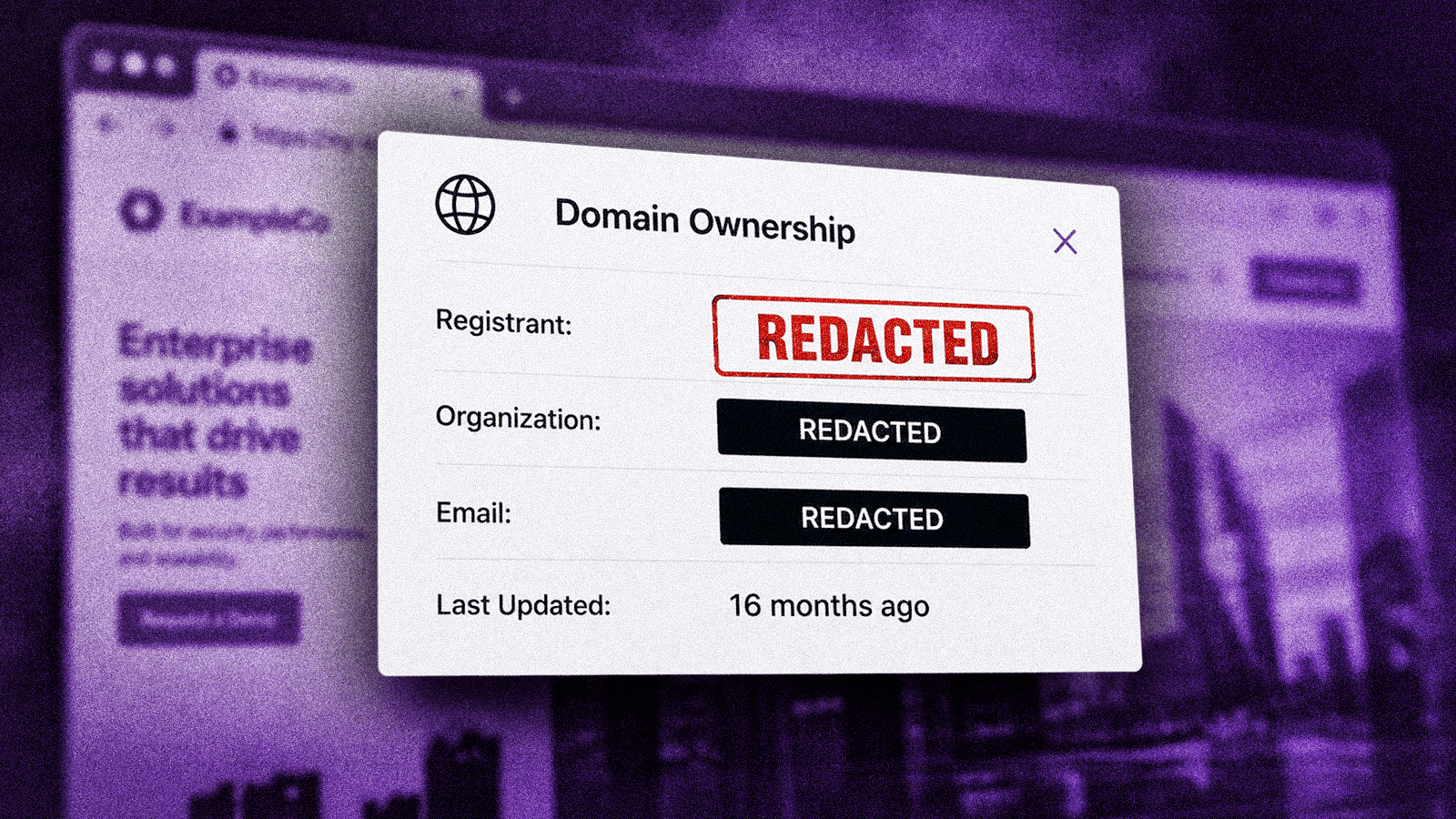 Redacted domain ownership records displayed over a suspicious website