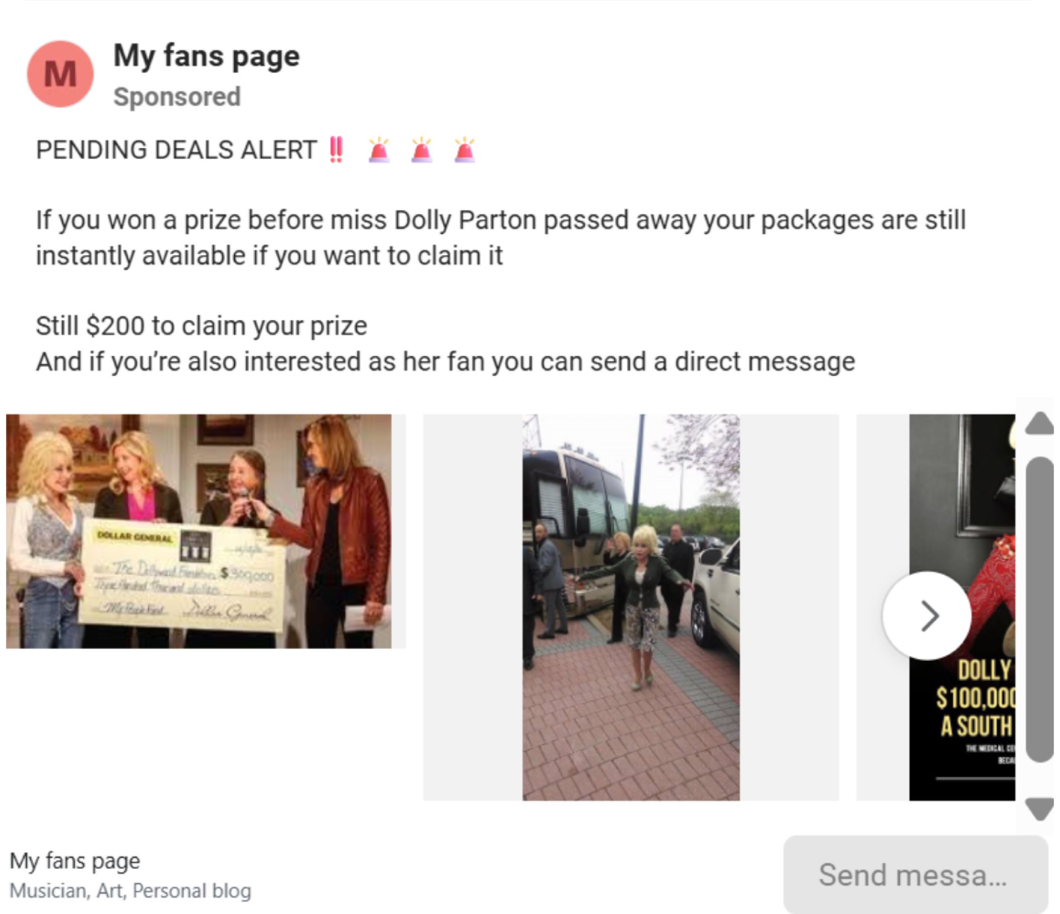 Fraudulent Dolly Parton fan prize ad claiming winners can pay $200 to claim a prize