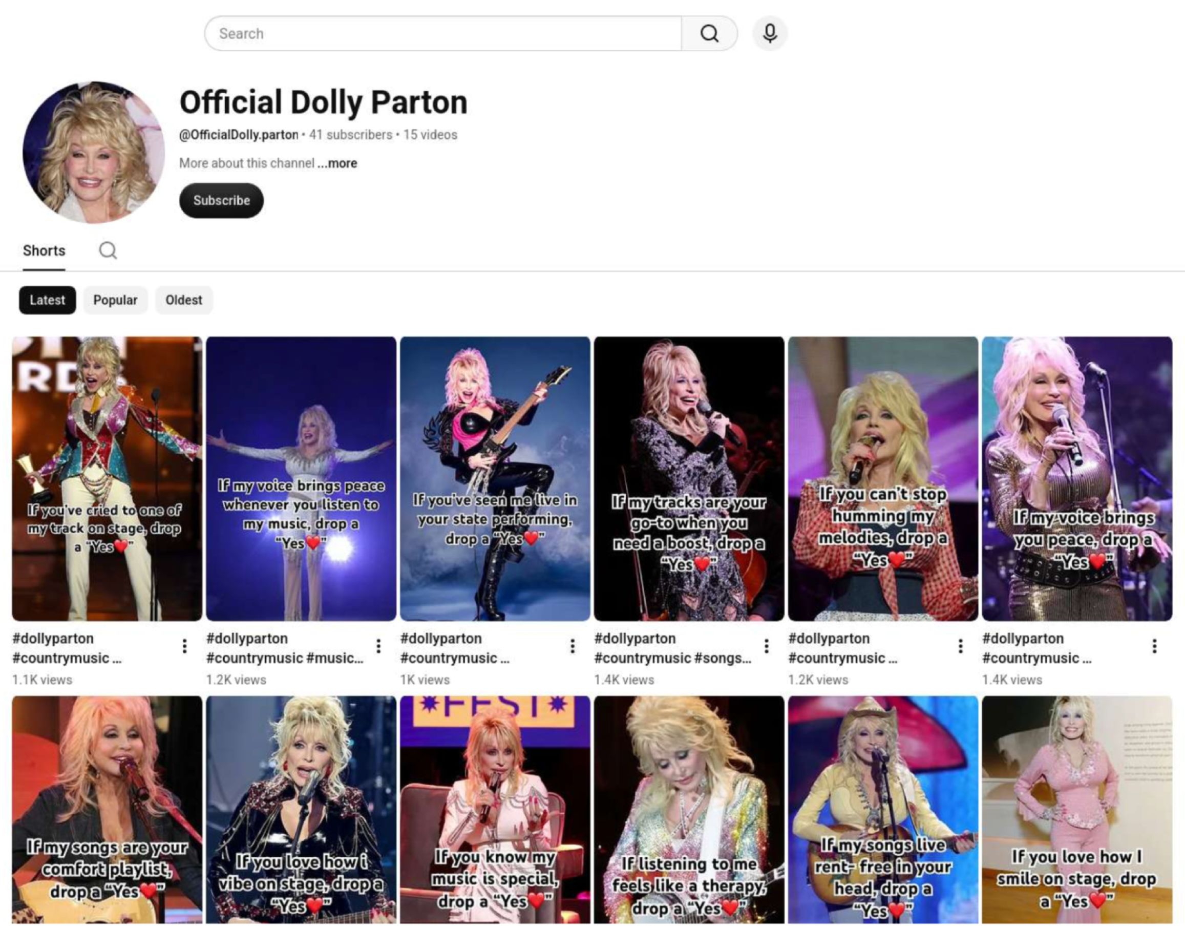 Fake Official Dolly Parton YouTube account using her name, image, and concert footage