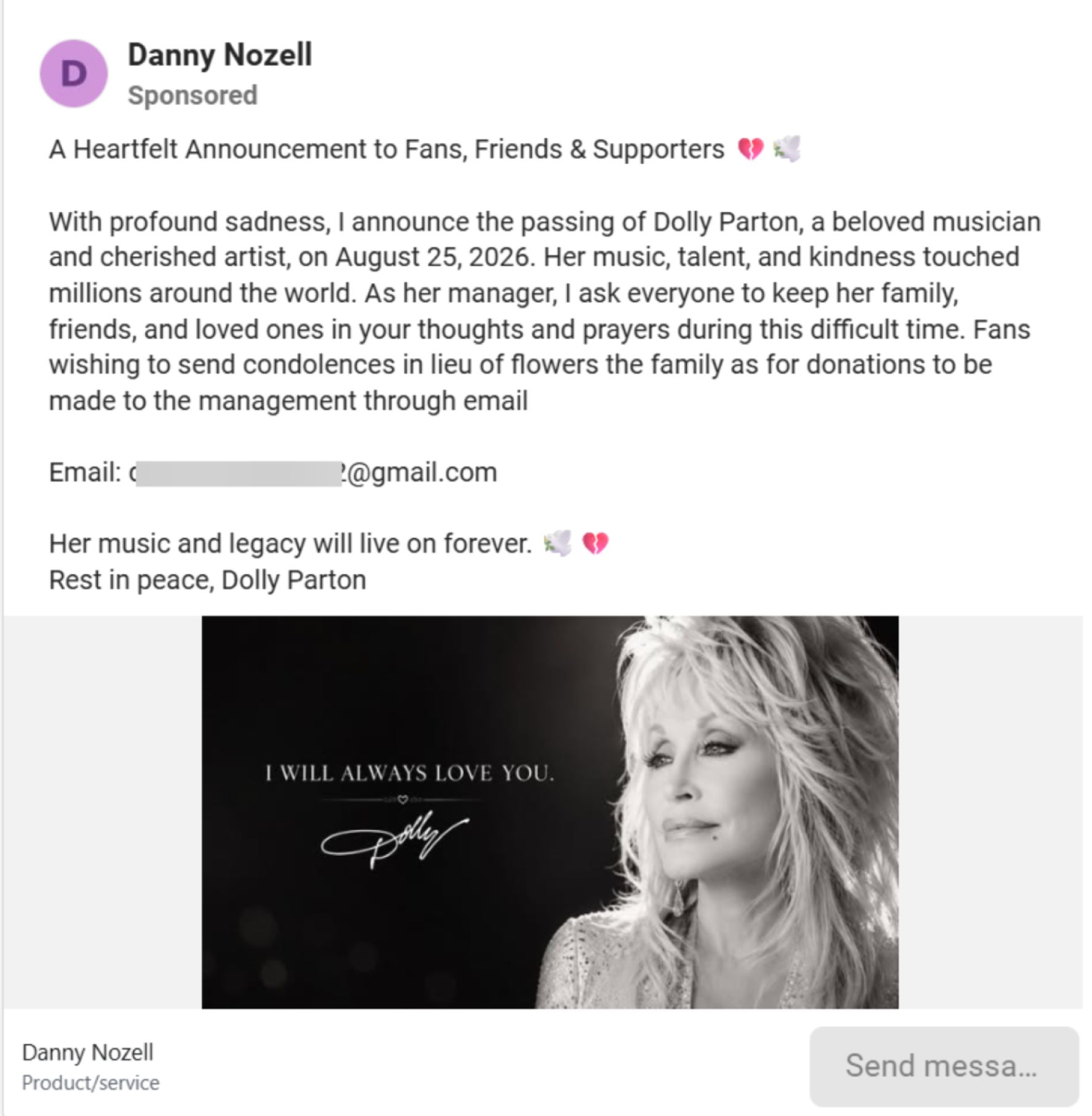 Fake Dolly Parton manager ad announcing her death and directing fans to a Gmail address