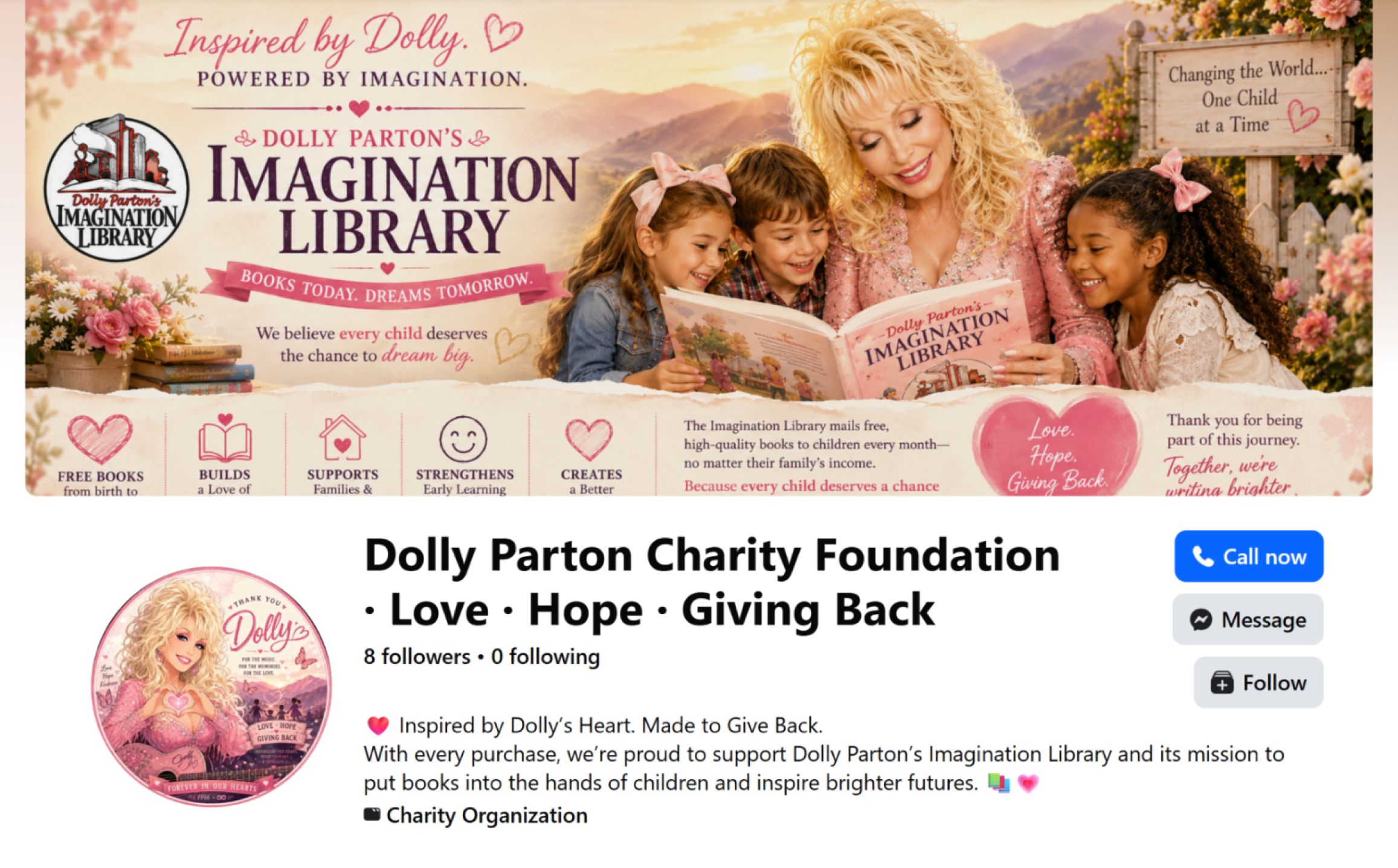 Fake Dolly Parton charity Facebook page claiming to support the Imagination Library
