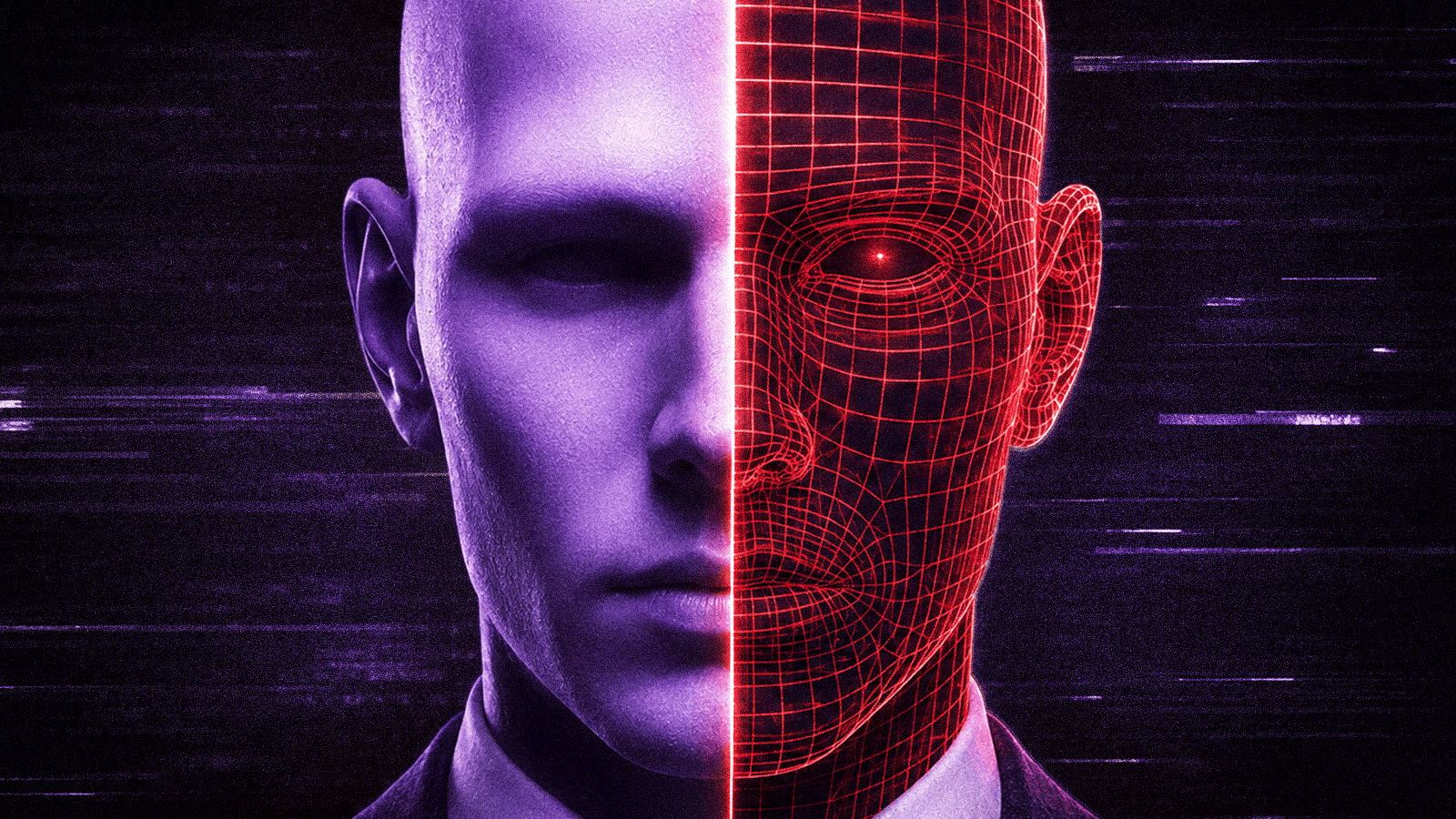 Split human and digital wireframe face representing synthetic identity fraud and fabricated online identities.