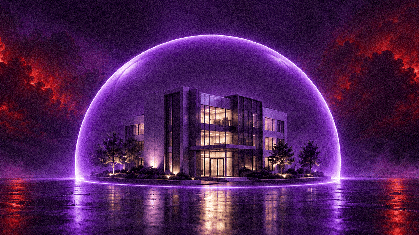 Corporate office protected by a purple security dome as red cyber threats surround it