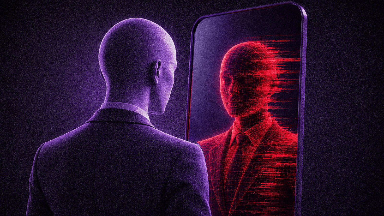 Mannequin in a business suit facing a red digital wireframe reflection representing deepfake fraud and AI impersonation