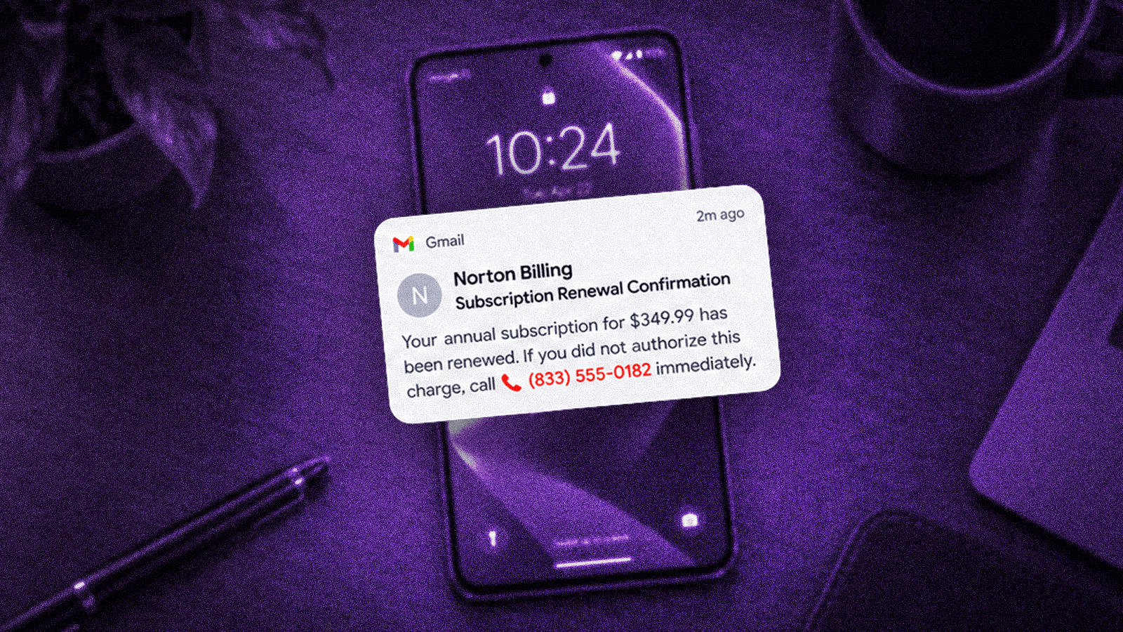 hone displaying a fake subscription renewal email with a callback number used in a phishing scam