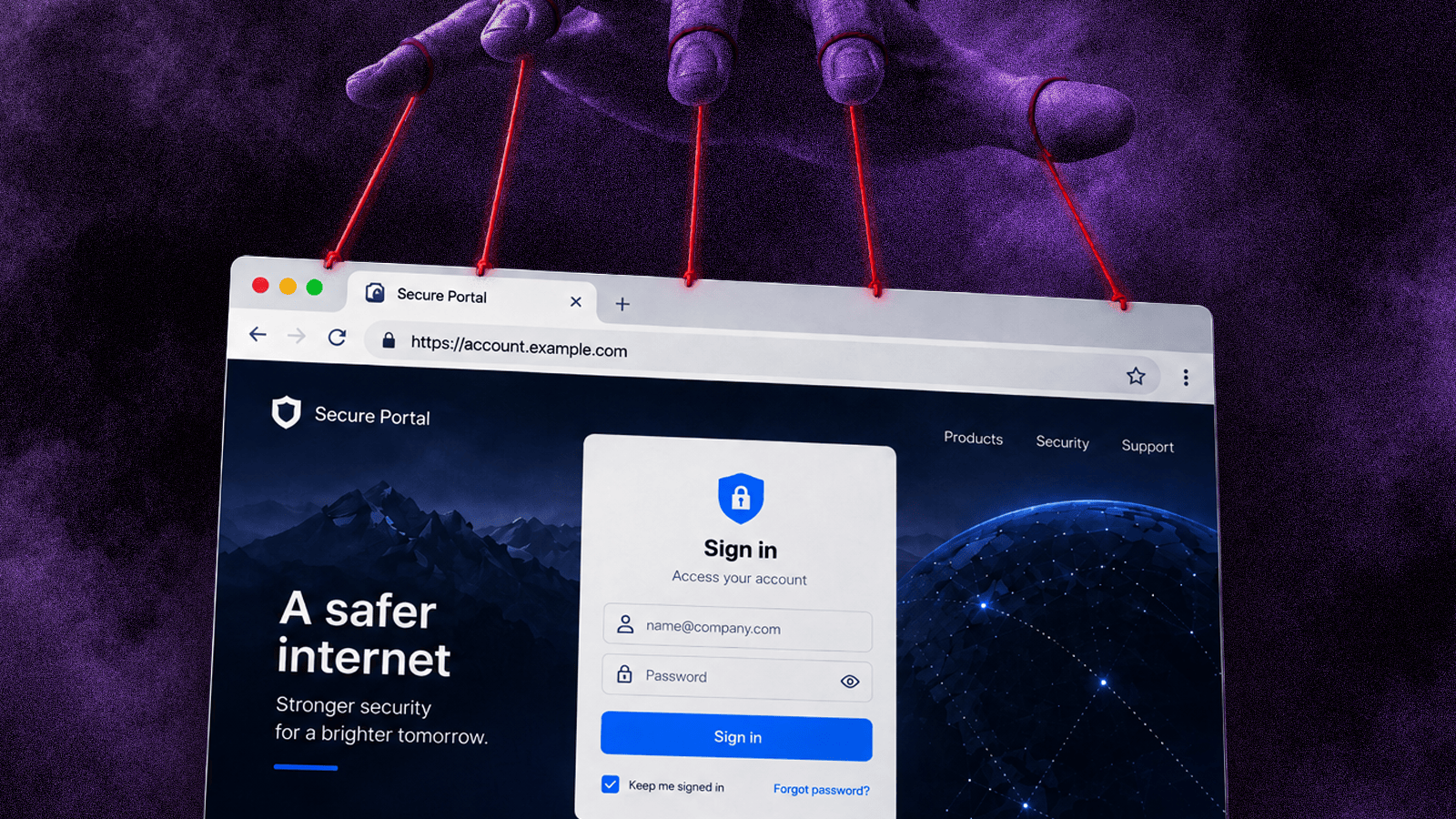 Browser login page suspended by red puppet strings, illustrating Browser-in-the-Middle phishing