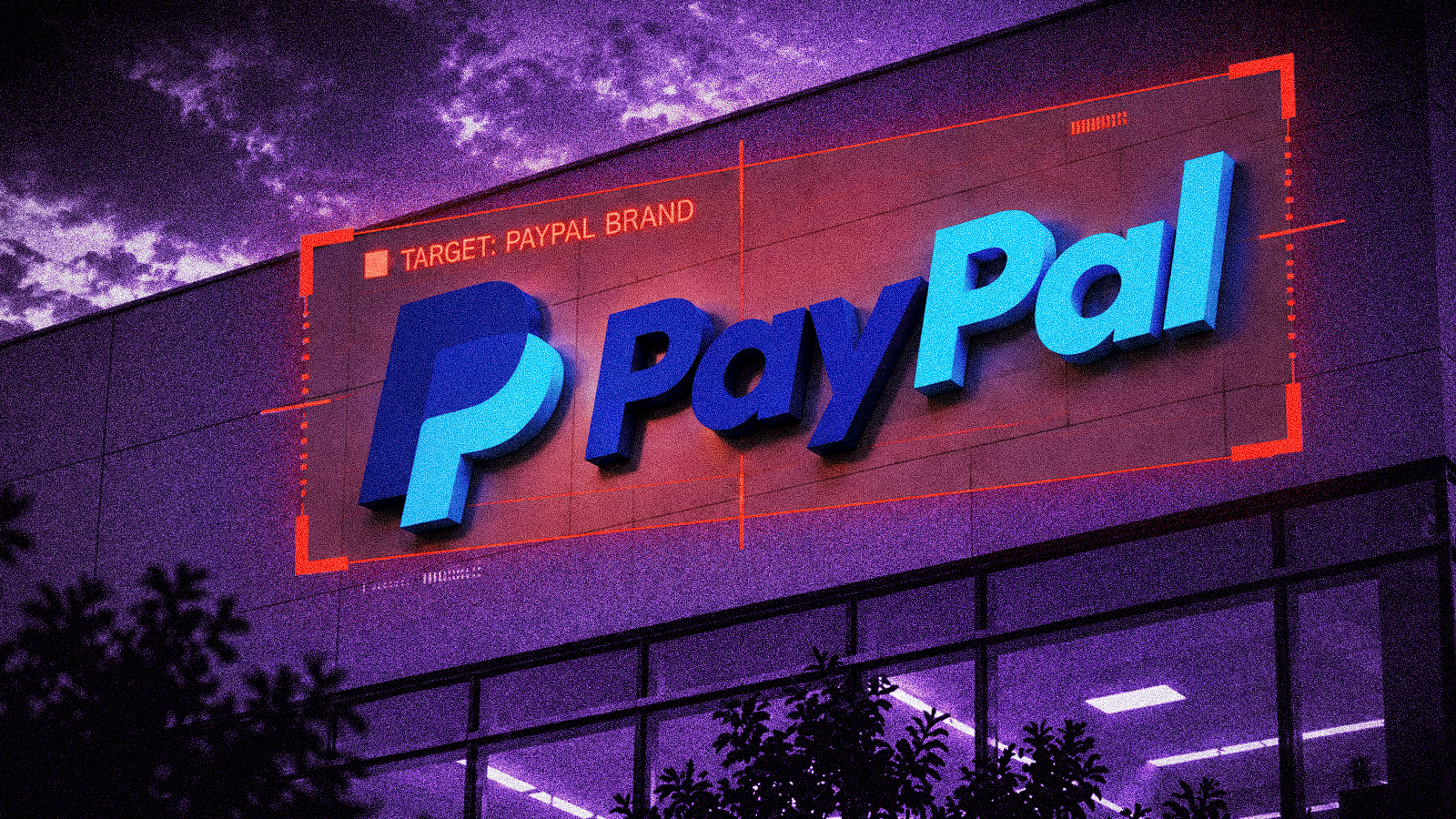 PayPal logo on a corporate building framed by a red targeting reticle, illustrating brand impersonation risk