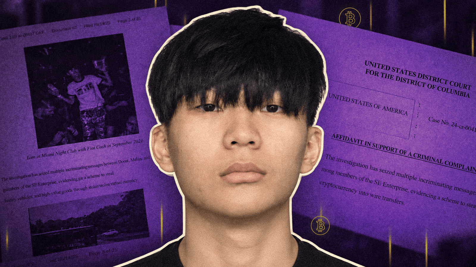 Malone Lam pictured over federal court documents with Bitcoin symbols representing the $230 million cryptocurrency theft case