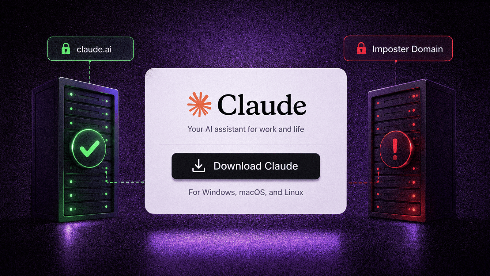 Claude download prompt shown between a trusted claude.ai domain and an imposter domain, illustrating trusted-site phishing.