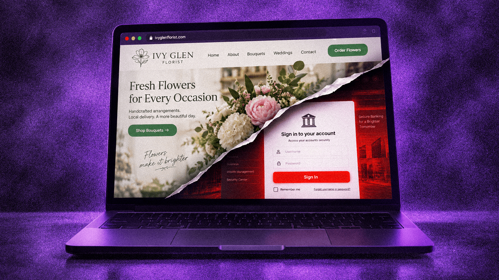 Laptop showing a fake florist website with a hidden phishing login page revealed underneath