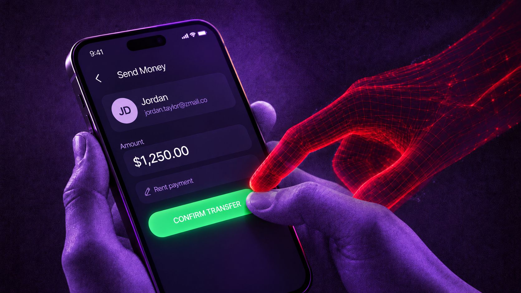 Hand confirming a bank transfer on a mobile app while a red digital hand guides the action, illustrating authorized push payment fraud
