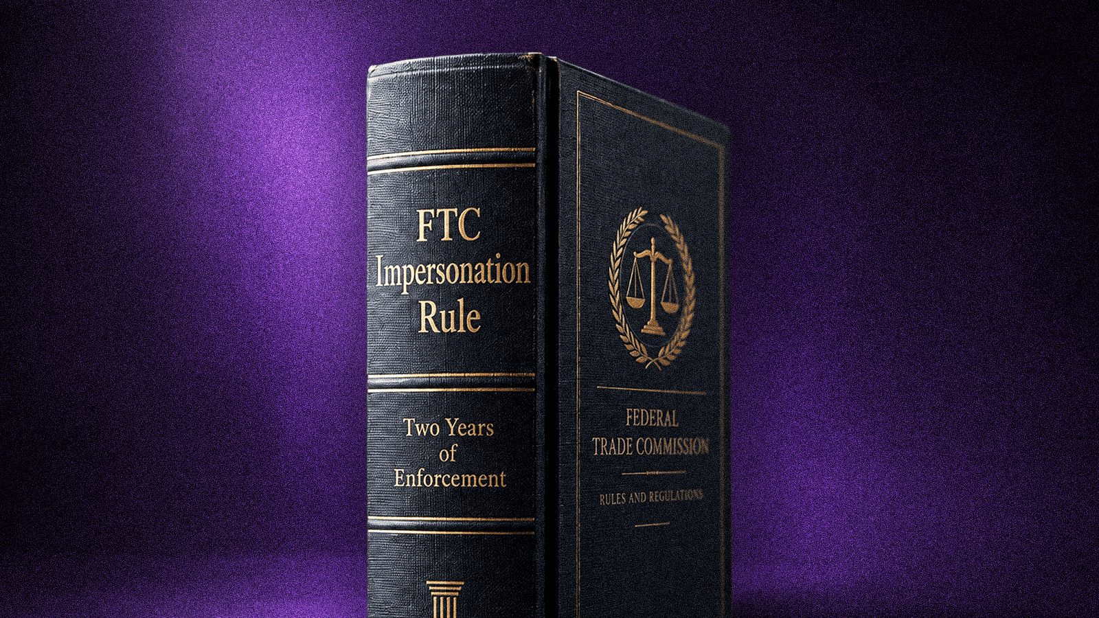 Law book labeled “FTC Impersonation Rule” and “Two Years of Enforcement” against a purple background.