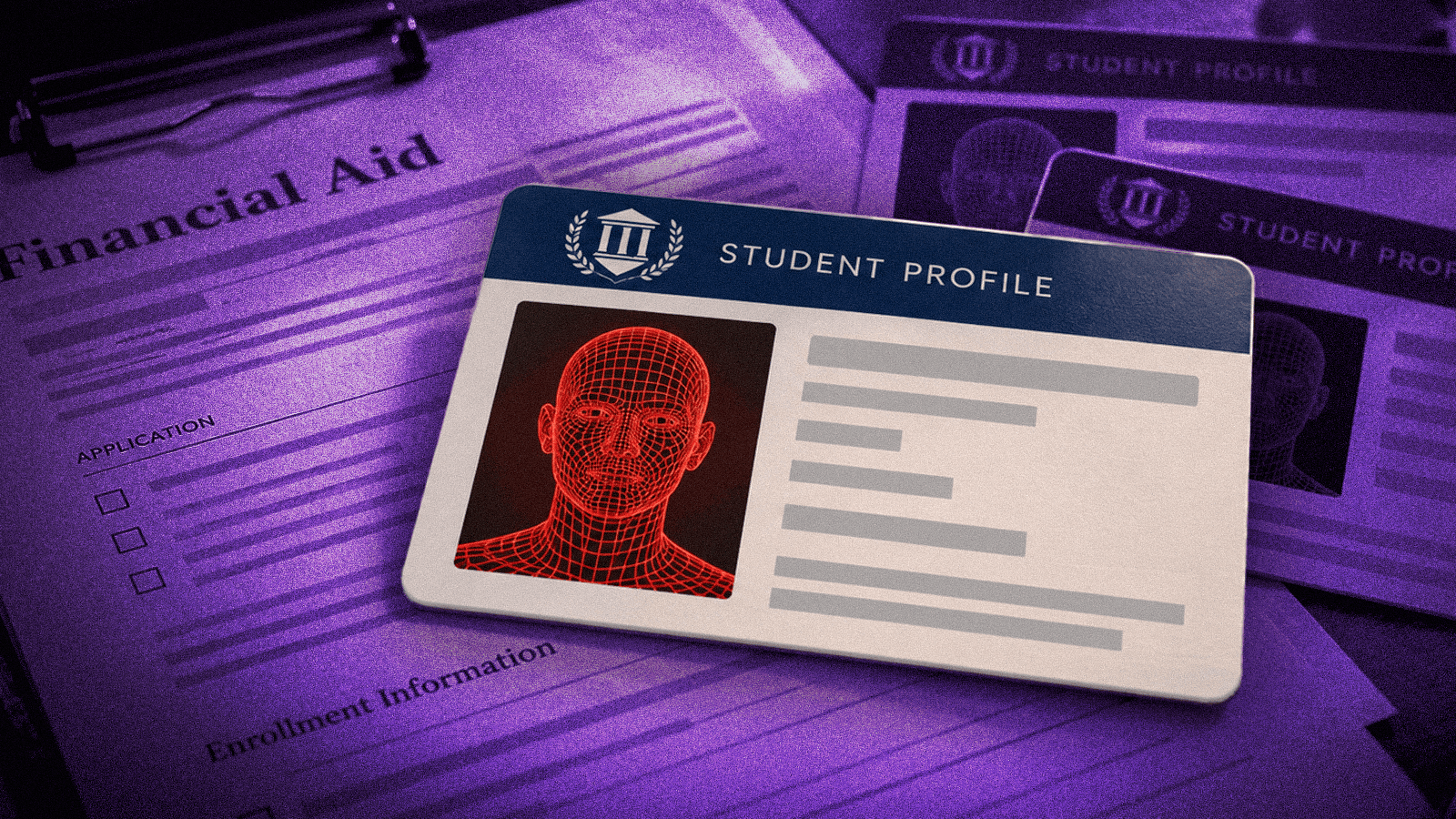 Student profile card with a red wireframe face over financial aid and enrollment documents, illustrating ghost student fraud.