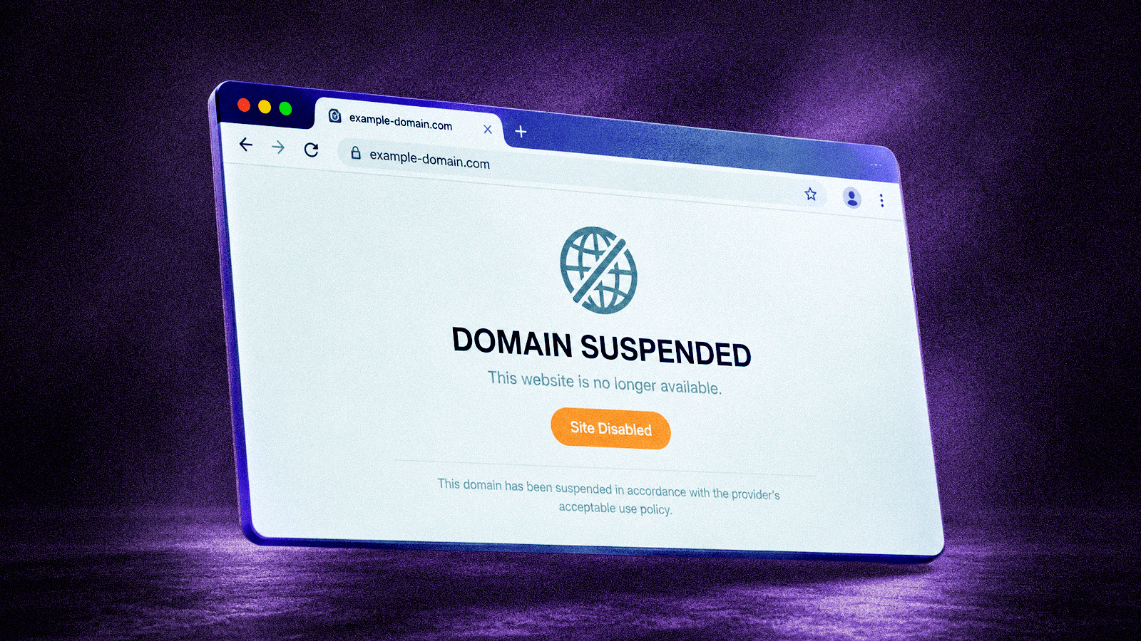 Floating browser window showing a “Domain Suspended” message, illustrating the result of a phishing site takedown.