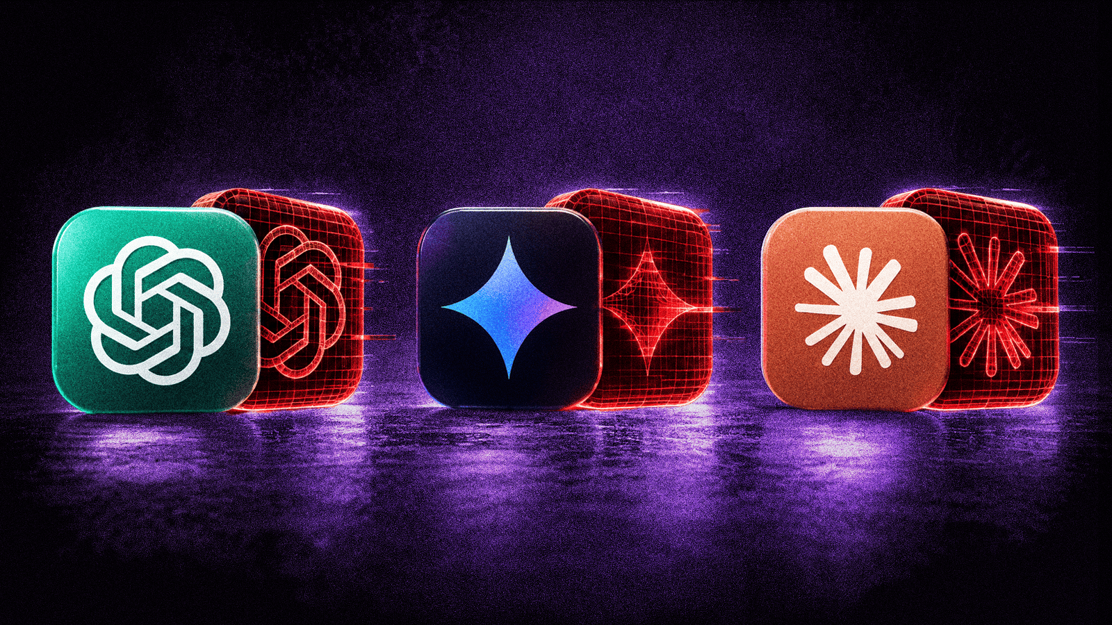 ChatGPT, Gemini, and Claude app icons shown beside red wireframe clones, illustrating AI brand impersonation and phishing.