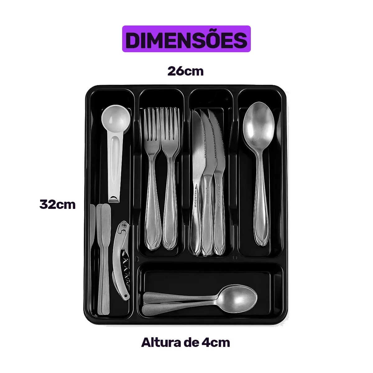 Dimensões do porta talheres de gaveta com cinco divisórias