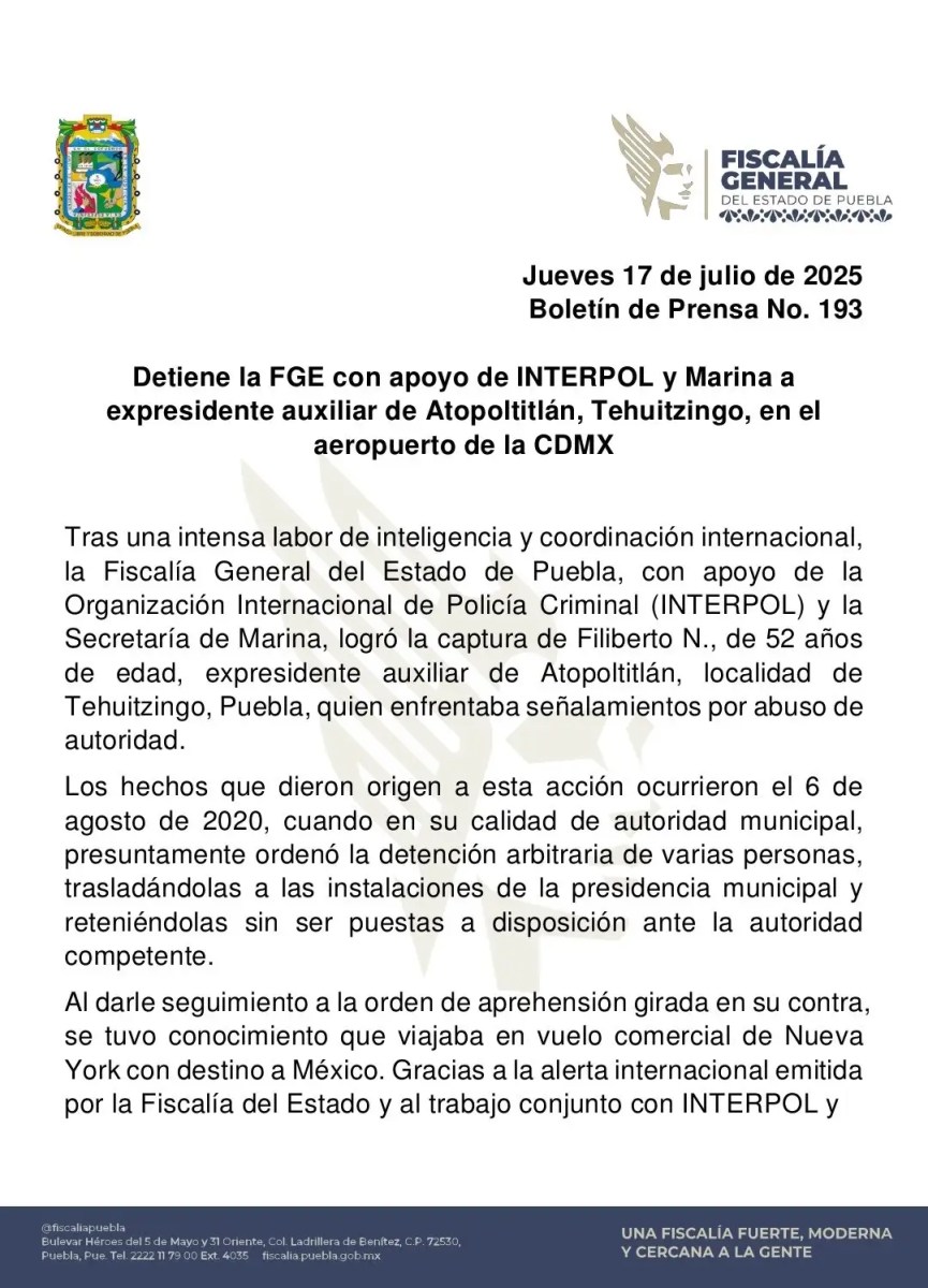 Detienen con apoyo de la INTERPOL a ex edil auxiliar poblano en el aeropuerto de la CDMX 2 Detienen a expresidente auxiliar de Atopoltitlán, Puebla