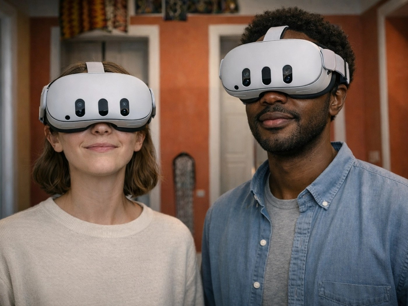 Duas pessoas, um homem e uma mulher, sorrindo e usando óculos de realidade aumentada.