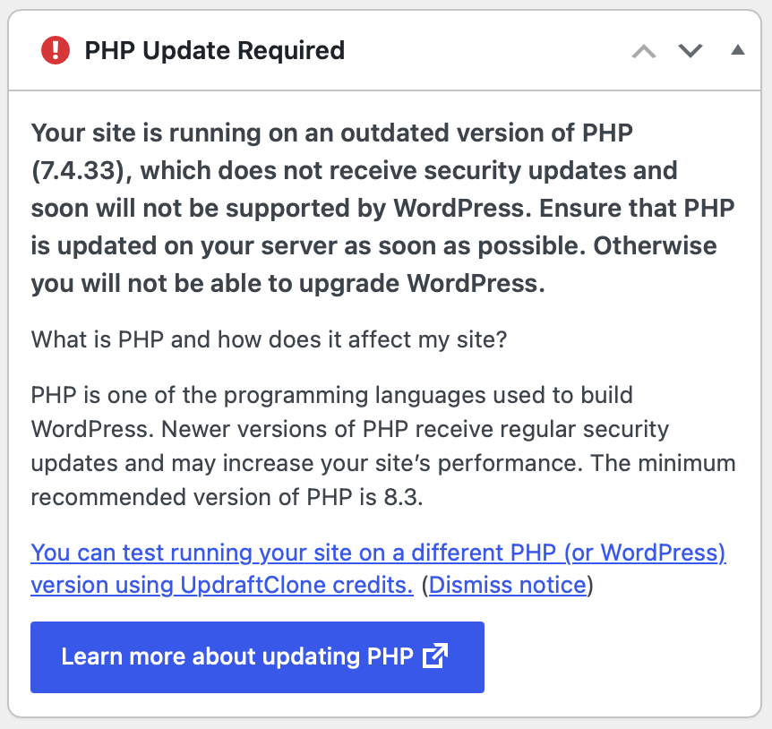 “PHP Update Required” – What That Warning Actually Means