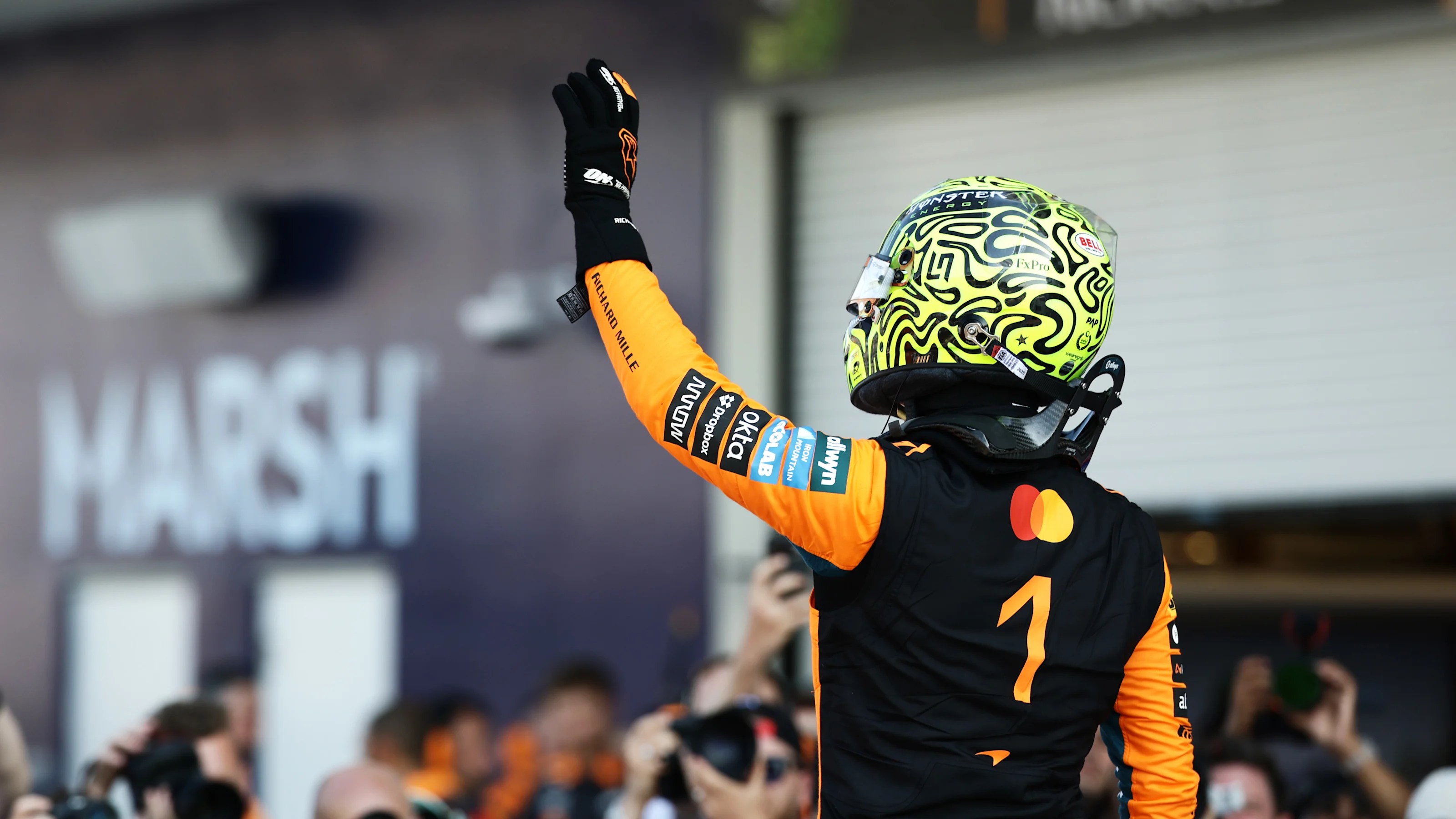 MIAMI, FLORIDA - MAY 01: Sprint Pole qualifier Lando Norris of Great Britain and McLaren celebrates