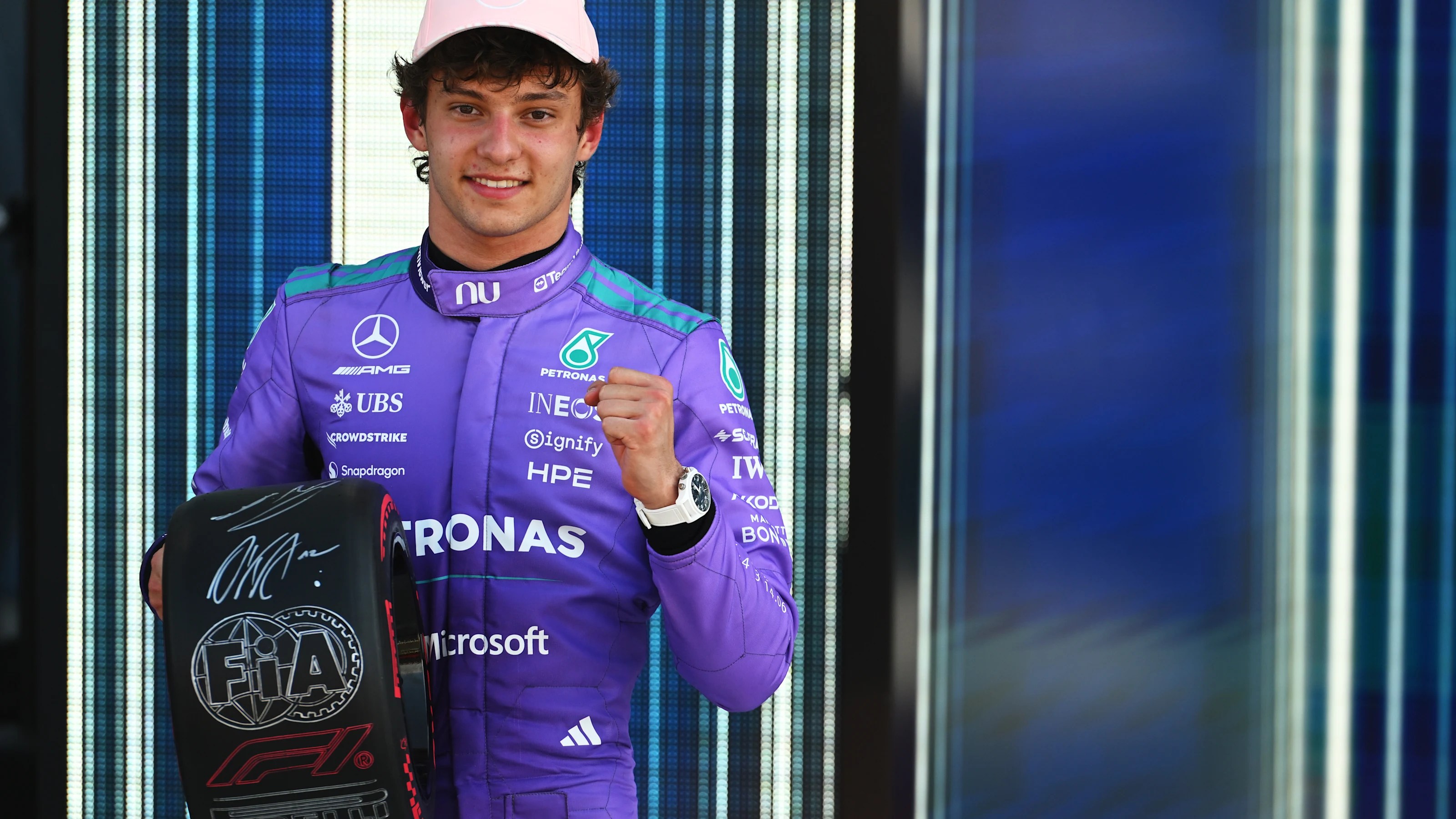 MIAMI, FLORIDA - MAY 02: Pole position qualifier Andrea Kimi Antonelli of Italy and Mercedes AMG