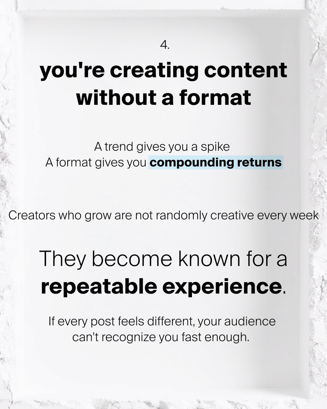 A repeatable content format slide contrasts temporary trend spikes with recognizable content systems that create compounding audience recognition over time.